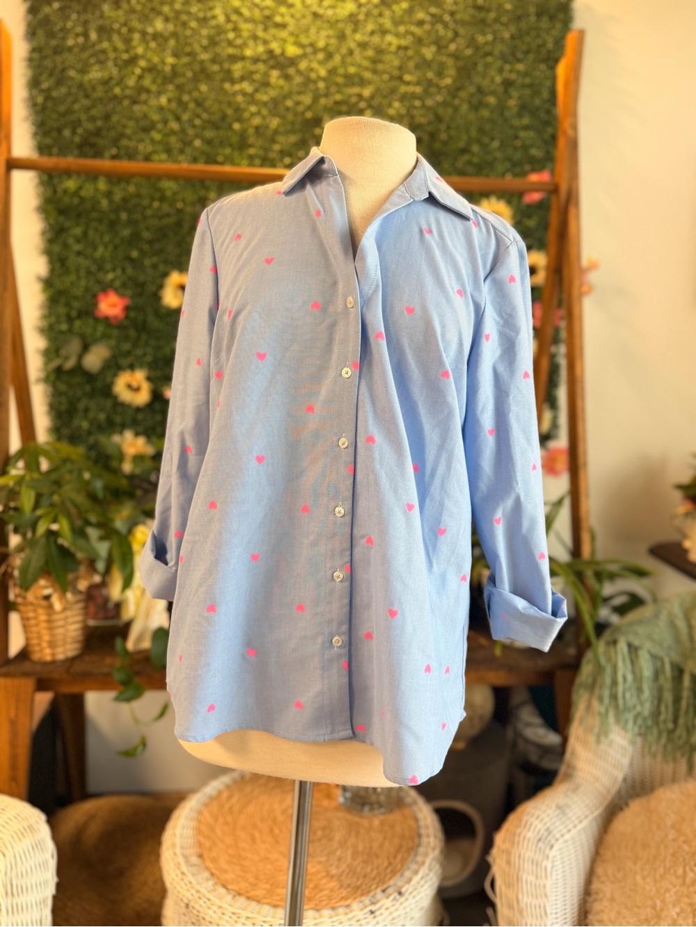 Kim Rogers Light Blue Button-Down Shirt with Pink Heart Print